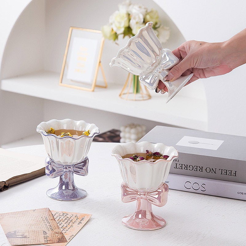 Bow-Knot Highball Ceramic Goblet Cup - 180ml Ice Cream Dessert Glass, Cute & Elegant Design for Couples - Image 2