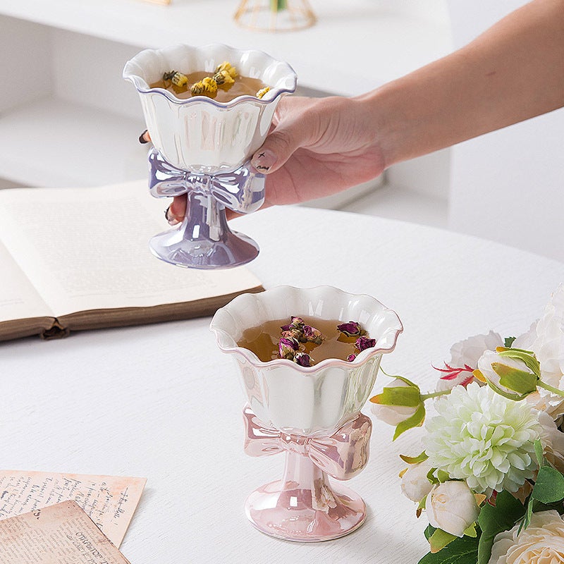 Bow-Knot Highball Ceramic Goblet Cup - 180ml Ice Cream Dessert Glass, Cute & Elegant Design for Couples - Image 5