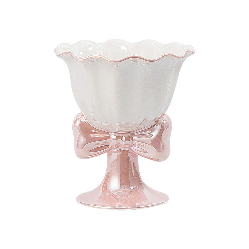 Bow-Knot Highball Ceramic Goblet Cup - 180ml Ice Cream Dessert Glass, Cute & Elegant Design for Couples - Image 1