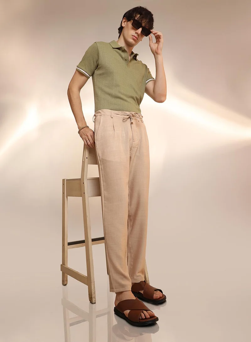 Campus Sutra  Men's Saltbox Beige Solid Pleated Trousers for Men | Best Price UAE