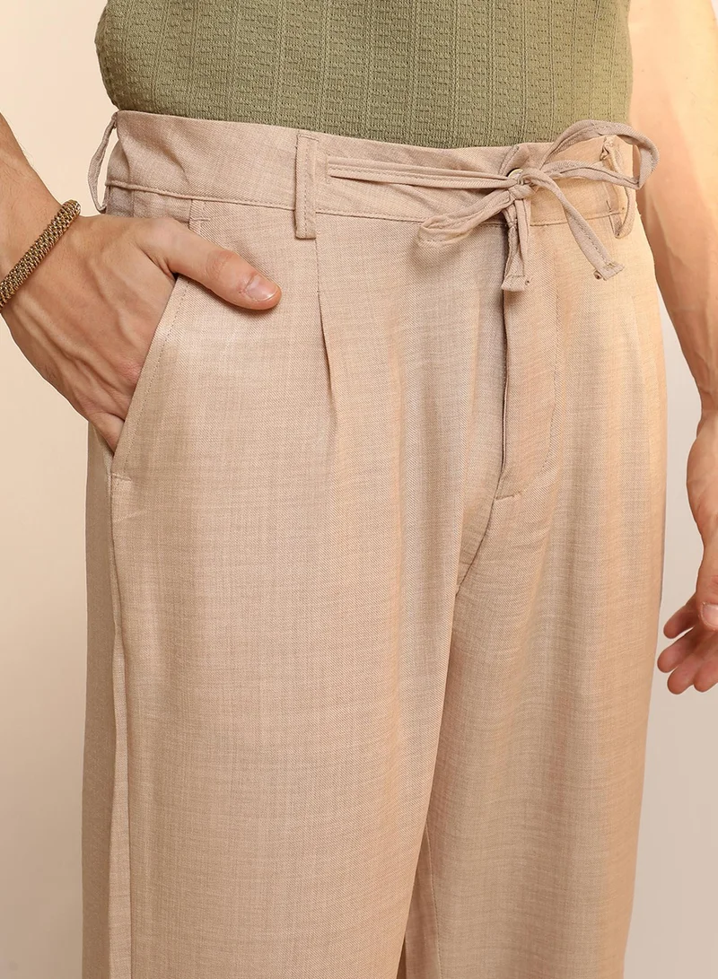 Campus Sutra  Men's Saltbox Beige Solid Pleated Trousers for Men | Best Price UAE
