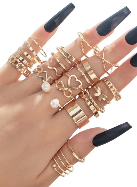 22pcs Fashion Alloy Rings Set for Women, Including Flowers, Leaves, and Artificial Pearls, Suitable for Daily, Dating, Party, Gift