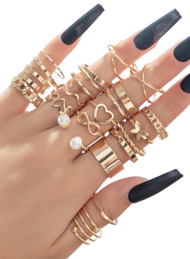 مجموعة خواتم عصرية من 22 قطعة من سبائك معدنية للنساء، تتضمن زهور وأوراق ولآلئ صناعية، مناسبة للاستخدام اليومي والمواعدة والحفلات والهدايا - Image 1