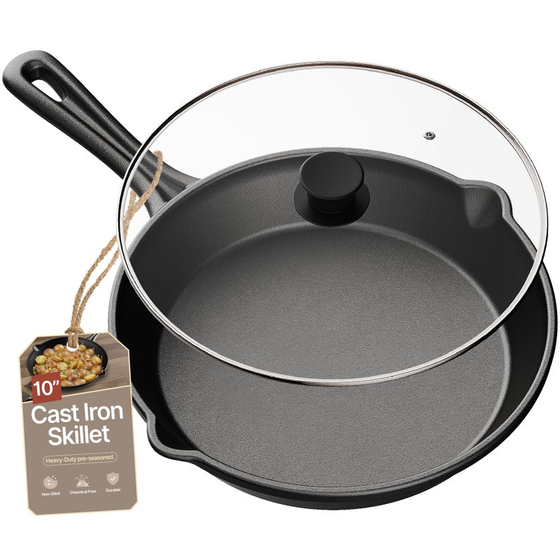 BAKKENMASTER Bakken Pre Seasoned Cast Iron Skillet with Glass Lid & Silicone Handle,10" Frying Pan for Stove, Oven, Grill & Induction, Even Heat Distribution, Versatile All-Purpose Cookware for Searing & Frying - Image 1