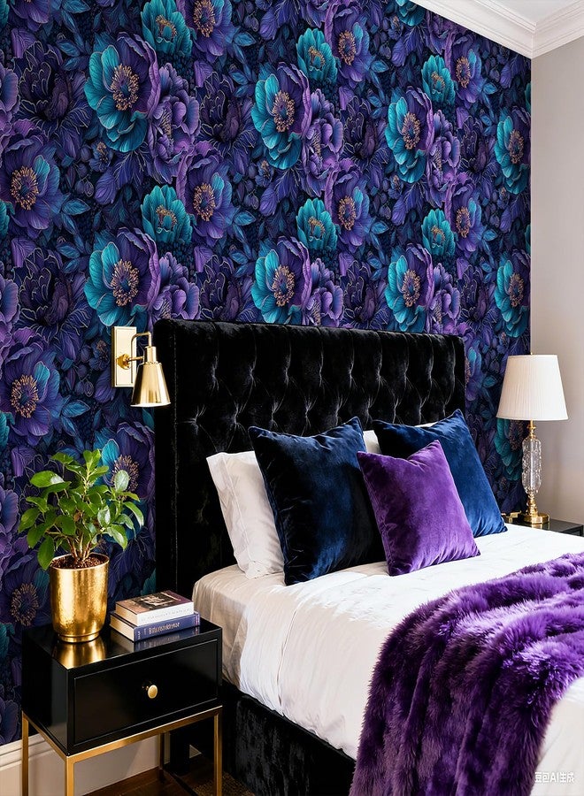 ReWallpaper Dark Floral Peel and Stick Wallpaper Removable Luxury Navy Purple Peony Flower Wallpaper Waterproof Moody Floral Contact Paper for Cabinets Shelf Bedroom Bathroom Accent Wall 17.5in x 10ft - Image 2