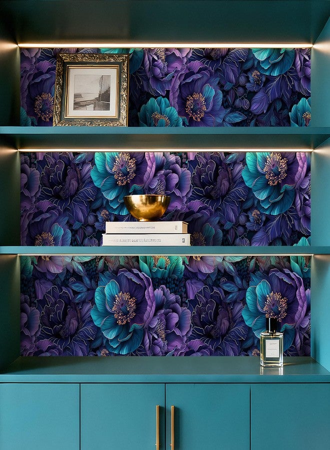 ReWallpaper Dark Floral Peel and Stick Wallpaper Removable Luxury Navy Purple Peony Flower Wallpaper Waterproof Moody Floral Contact Paper for Cabinets Shelf Bedroom Bathroom Accent Wall 17.5in x 10ft - Image 3