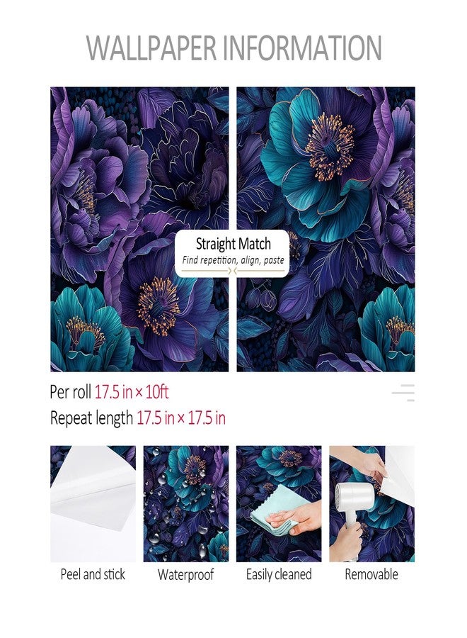 ReWallpaper Dark Floral Peel and Stick Wallpaper Removable Luxury Navy Purple Peony Flower Wallpaper Waterproof Moody Floral Contact Paper for Cabinets Shelf Bedroom Bathroom Accent Wall 17.5in x 10ft - Image 5