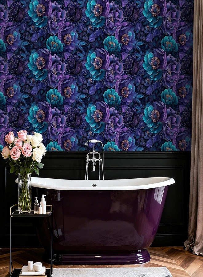 ReWallpaper Dark Floral Peel and Stick Wallpaper Removable Luxury Navy Purple Peony Flower Wallpaper Waterproof Moody Floral Contact Paper for Cabinets Shelf Bedroom Bathroom Accent Wall 17.5in x 10ft - Image 4