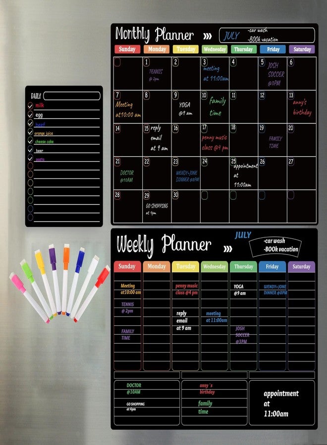 Hivillexun Magnetic Black Dry Erase Calendar White Board Set (3-Pack) - Monthly, Weekly Planners & Daily Notepad for Fridge, Home & Office, Includes 8 Markers - Image 1