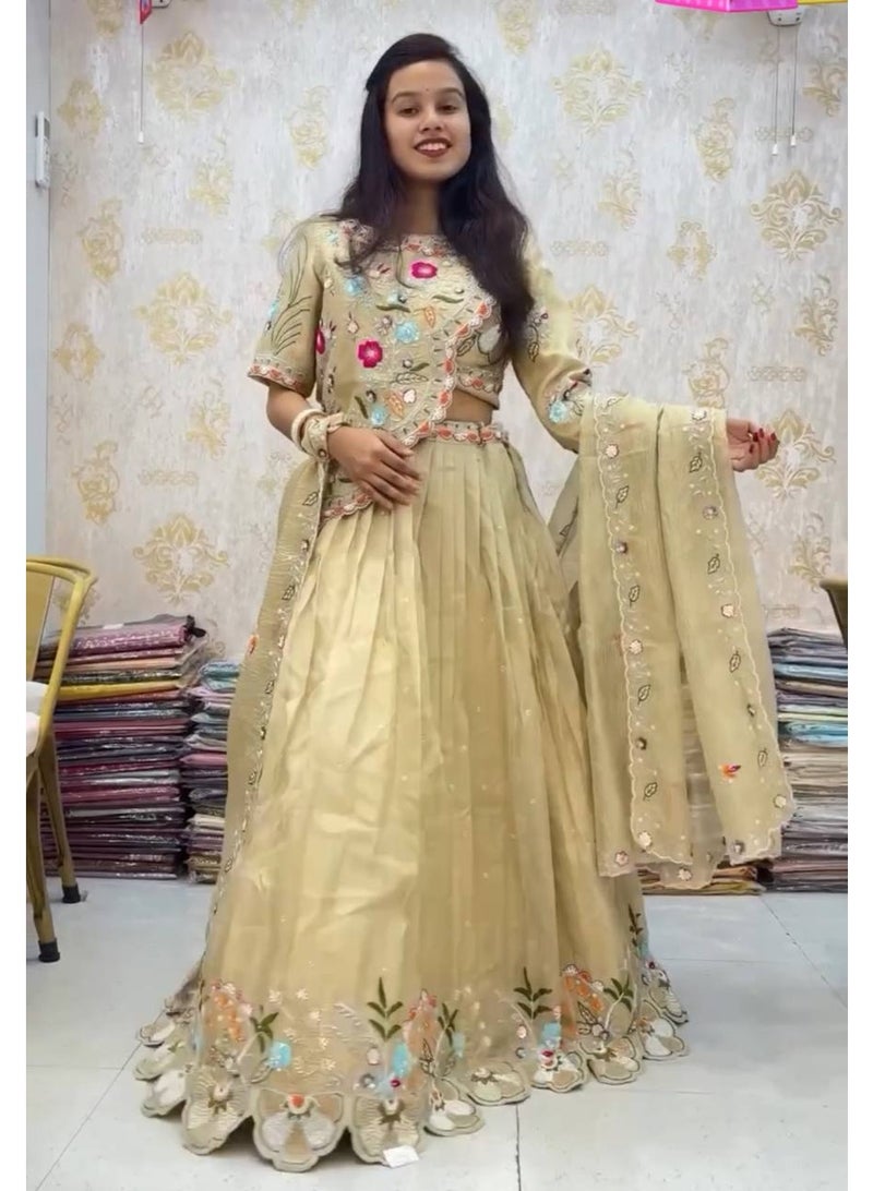 Super Asian Premium Pure Gold Crush Embroidered Lehenga Choli Set with Jacket & Dupatta – Fully Stitched  - Image 1