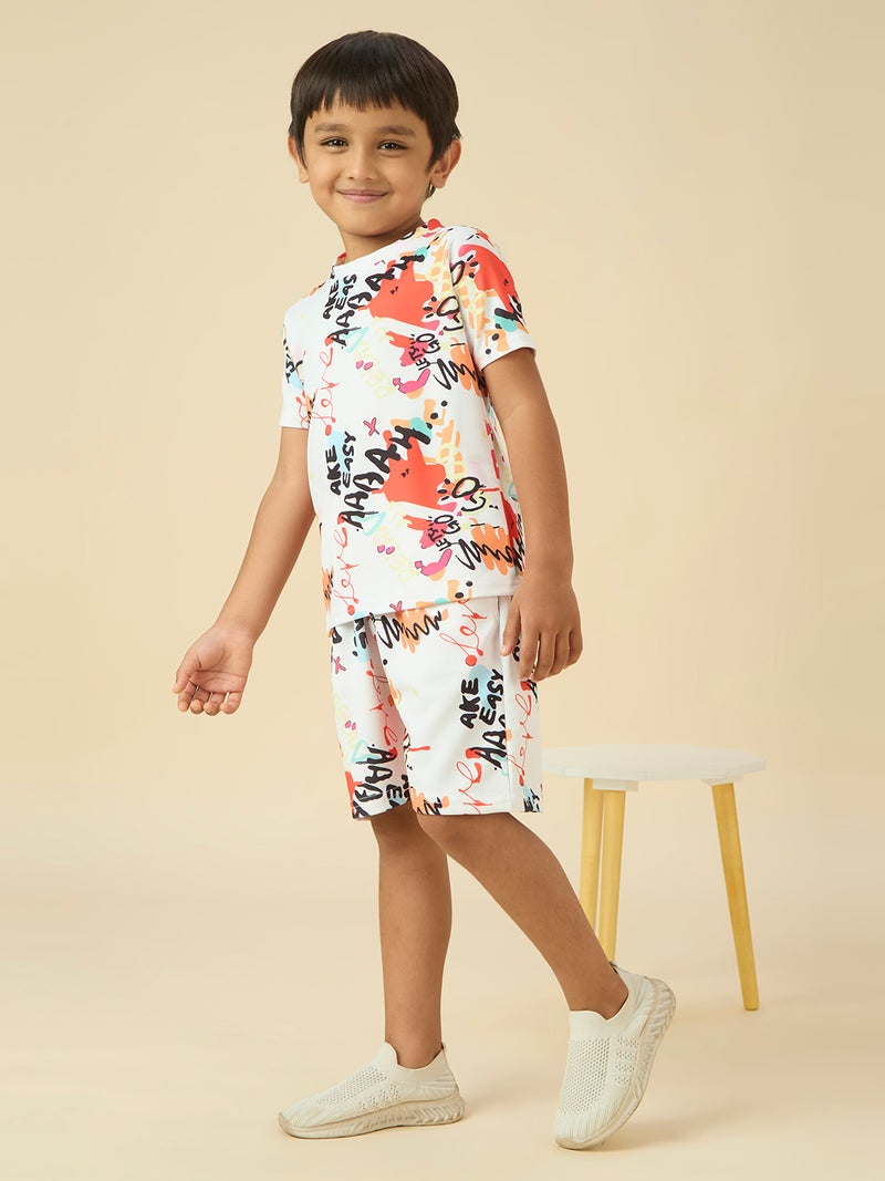 Kids Printed T-Shirt And Short Set - White