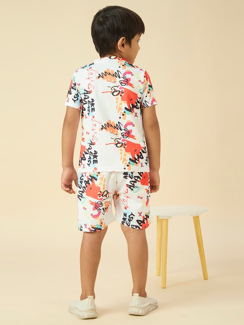 Kids Printed T-Shirt And Short Set - White