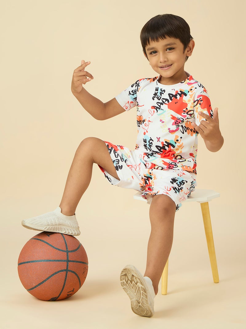 Kids Printed T-Shirt And Short Set - White