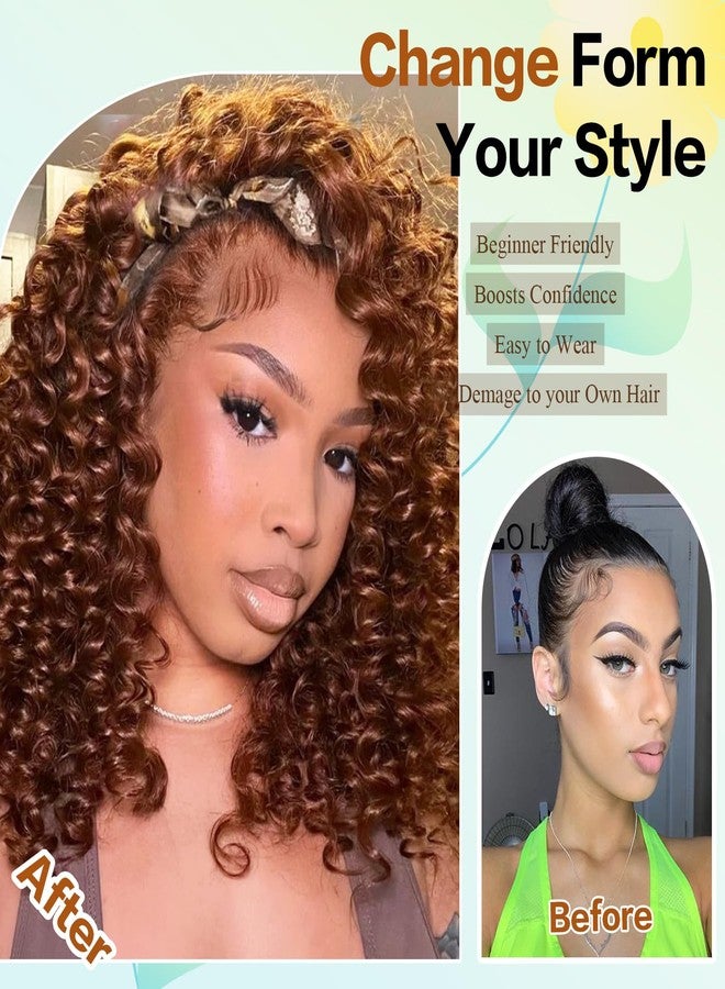 Aisaide Kinky Curly Headband Wig 12 Inch Highlighted Deep Curly Headband Wigs for Women Short Glueless No Lace Deep Curly Half Hair Wigs,12" Dark Brown with Copper Red Highlighted - Image 4