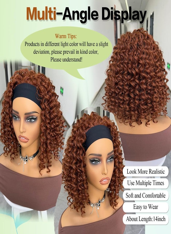 Aisaide Kinky Curly Headband Wig 12 Inch Highlighted Deep Curly Headband Wigs for Women Short Glueless No Lace Deep Curly Half Hair Wigs,12" Dark Brown with Copper Red Highlighted - Image 2