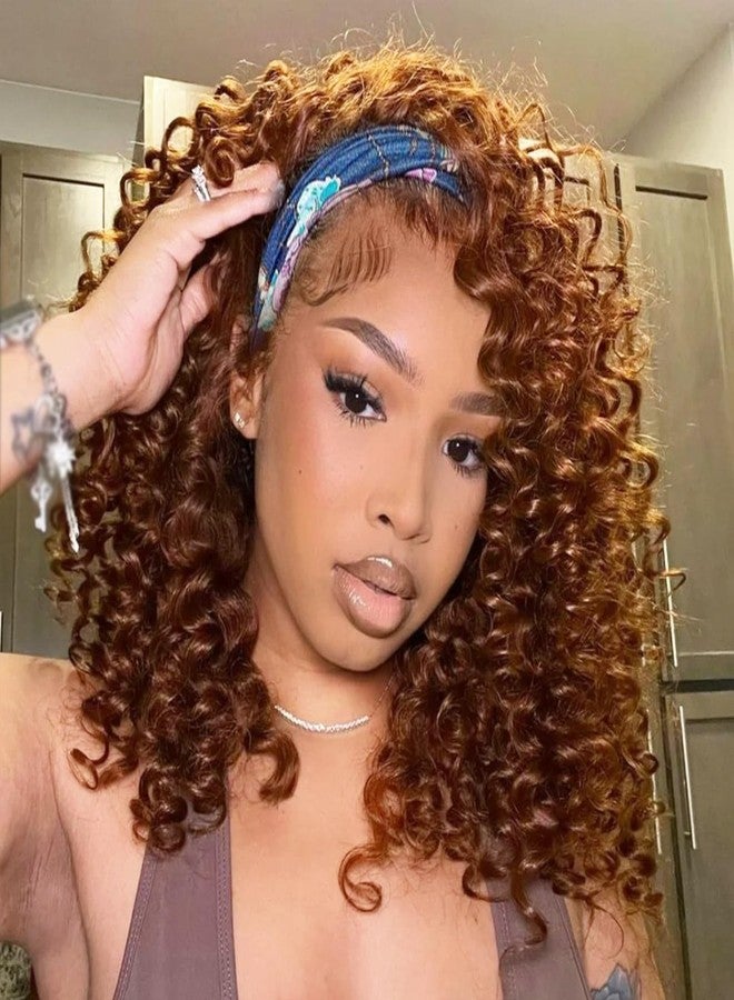 Aisaide Kinky Curly Headband Wig 12 Inch Highlighted Deep Curly Headband Wigs for Women Short Glueless No Lace Deep Curly Half Hair Wigs,12" Dark Brown with Copper Red Highlighted - Image 1