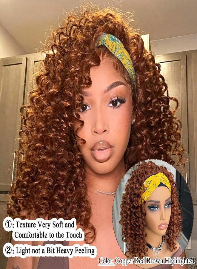 Aisaide Kinky Curly Headband Wig 12 Inch Highlighted Deep Curly Headband Wigs for Women Short Glueless No Lace Deep Curly Half Hair Wigs,12" Dark Brown with Copper Red Highlighted - Image 5