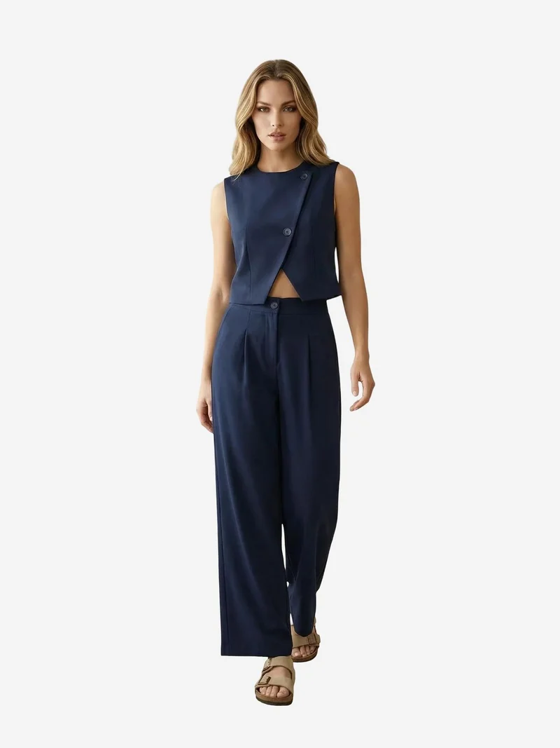My Fashion Navy Blue MY FASHION High Waist Wide Leg Two-Piece Co-ord Set for Women | Best Price UAE