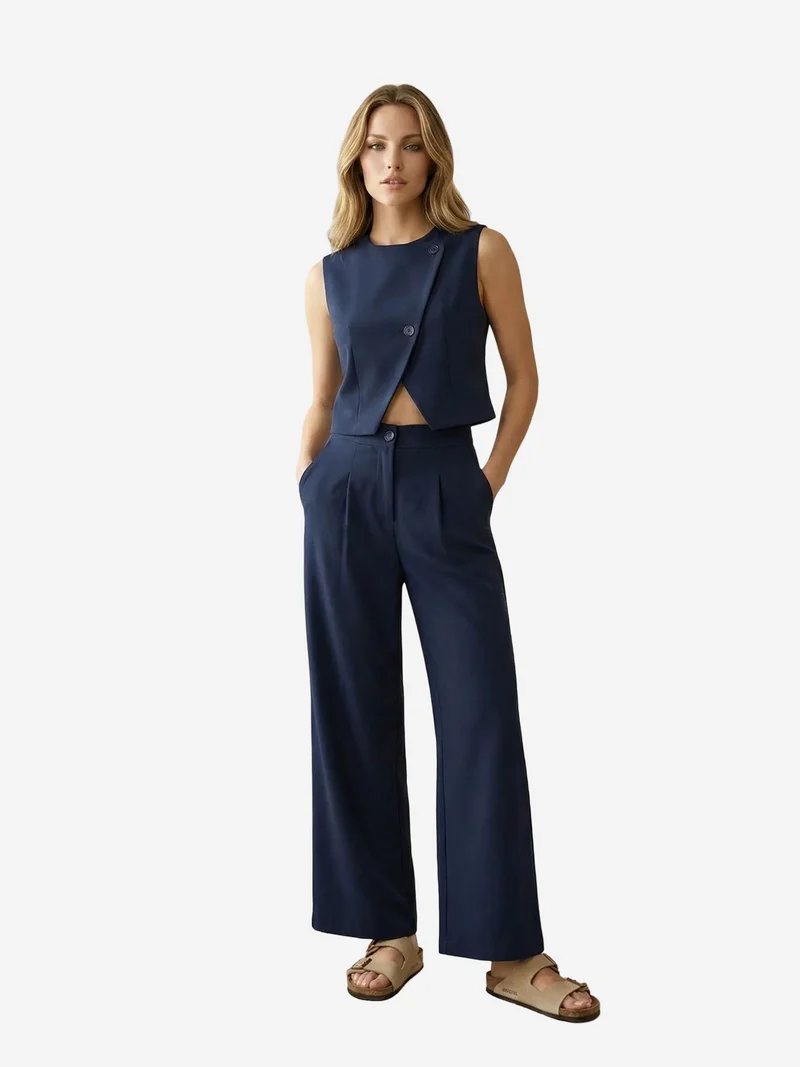My Fashion Navy Blue MY FASHION High Waist Wide Leg Two-Piece Co-ord Set for Women | Best Price UAE