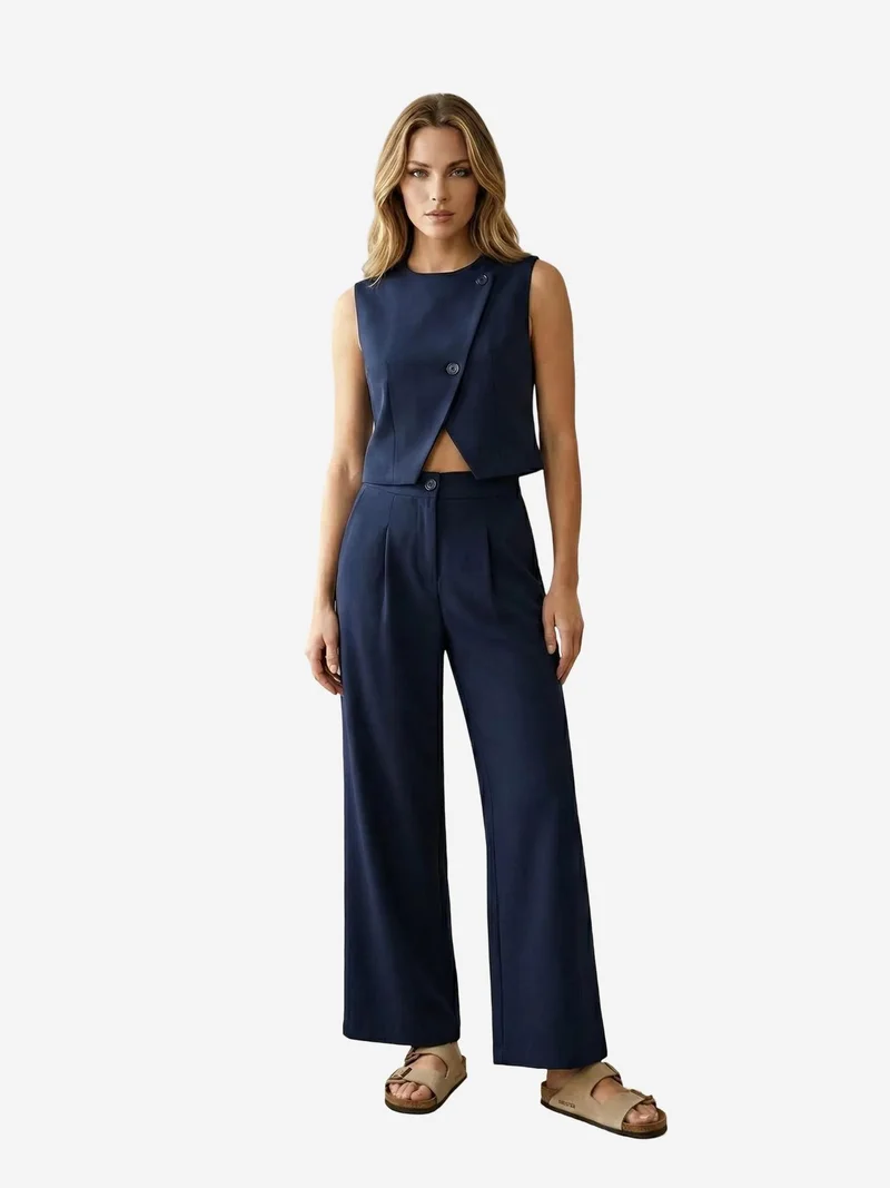 My Fashion Navy Blue MY FASHION High Waist Wide Leg Two-Piece Co-ord Set for Women | Best Price UAE