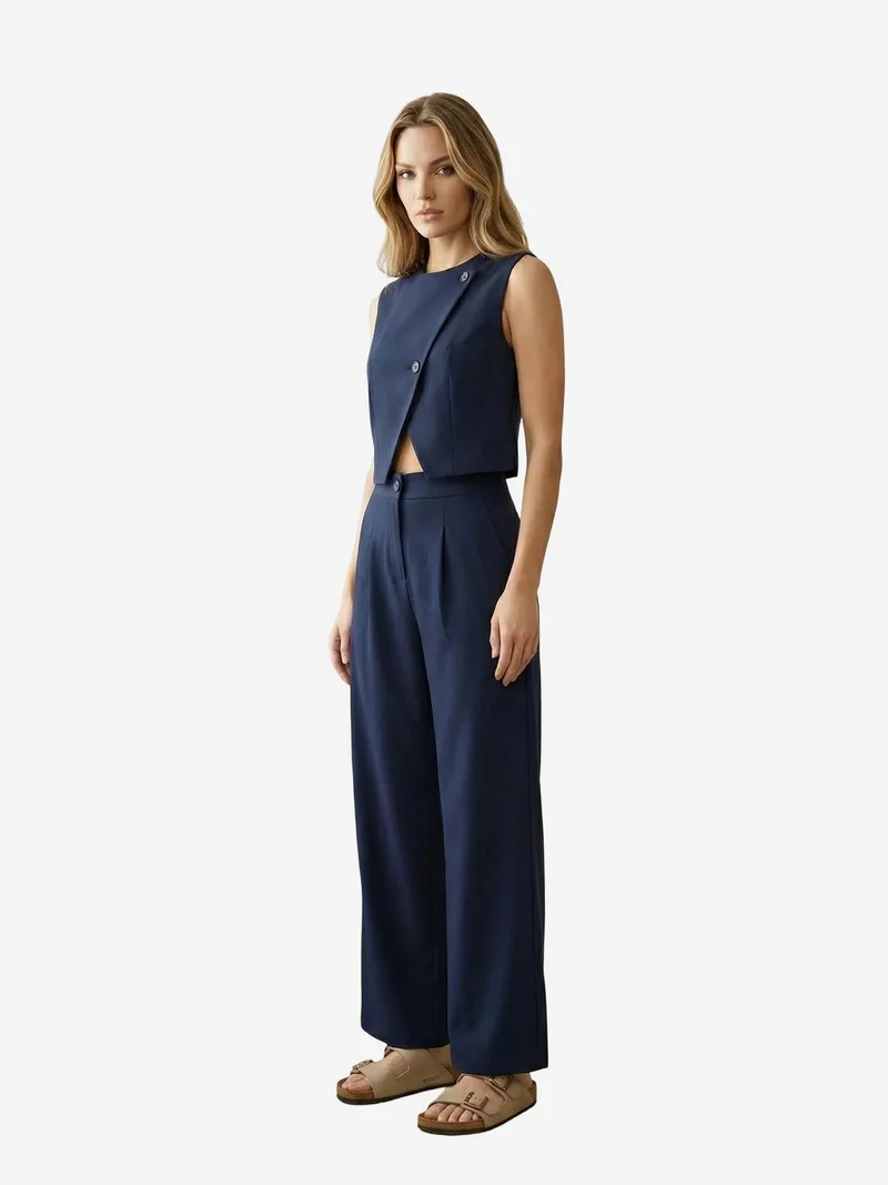 My Fashion Navy Blue MY FASHION High Waist Wide Leg Two-Piece Co-ord Set for Women | Best Price UAE