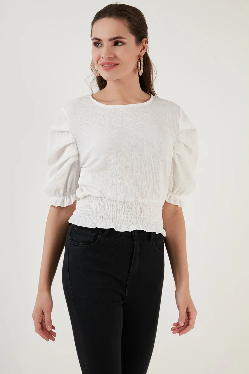 Lela Gipeli Crew Neck Balloon Sleeve Crinkle Flexible Blouse Women's Blouse 5865018