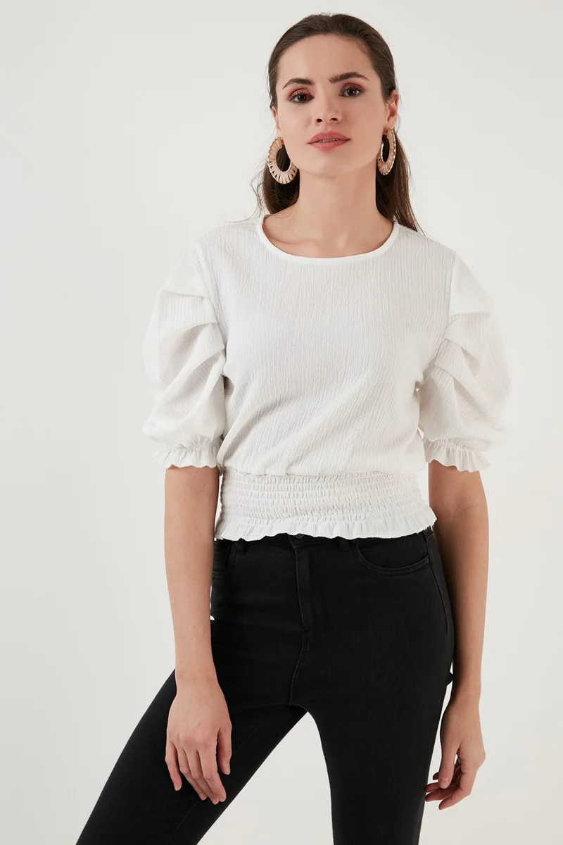Lela Gipeli Crew Neck Balloon Sleeve Crinkle Flexible Blouse Women's Blouse 5865018