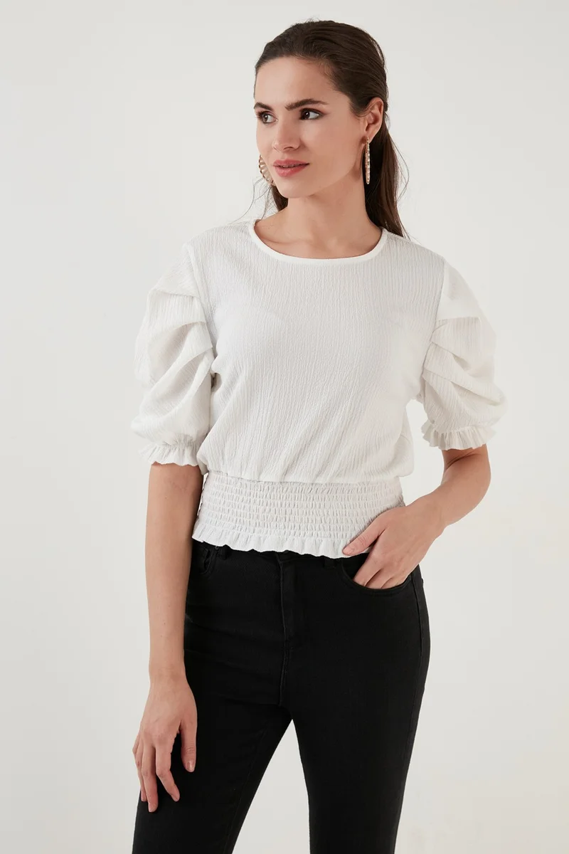 Lela Gipeli Crew Neck Balloon Sleeve Crinkle Flexible Blouse Women's Blouse 5865018