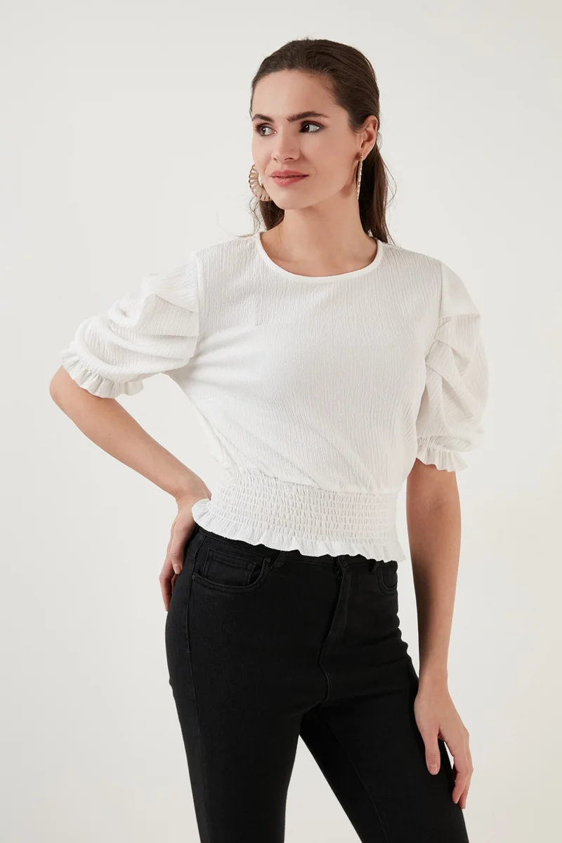 Lela Gipeli Crew Neck Balloon Sleeve Crinkle Flexible Blouse Women's Blouse 5865018