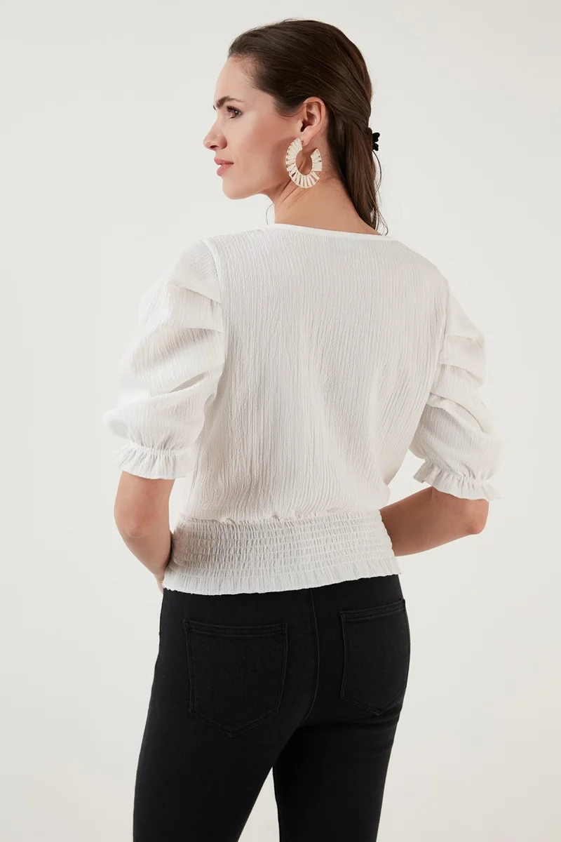 Lela Gipeli Crew Neck Balloon Sleeve Crinkle Flexible Blouse Women's Blouse 5865018