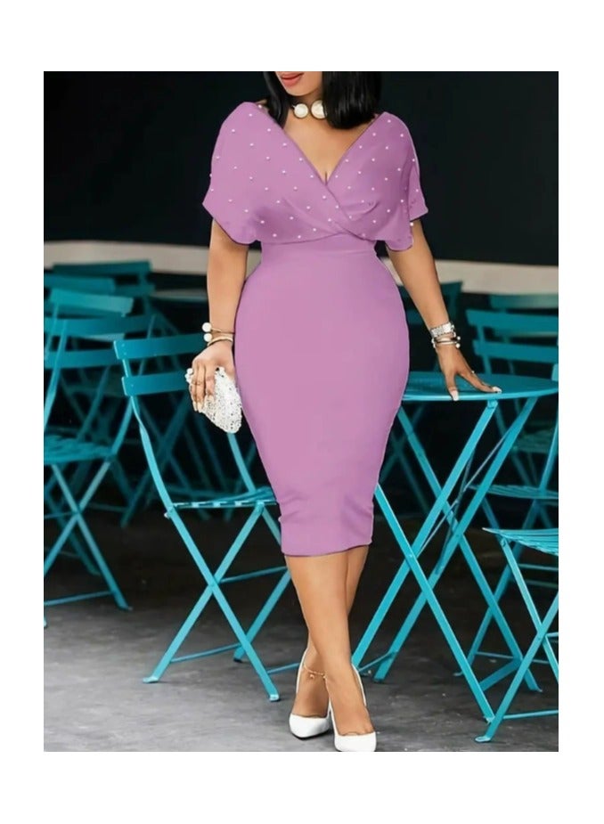 general Solid color strapless V-neck short-sleeved back zipper dress - Image 1