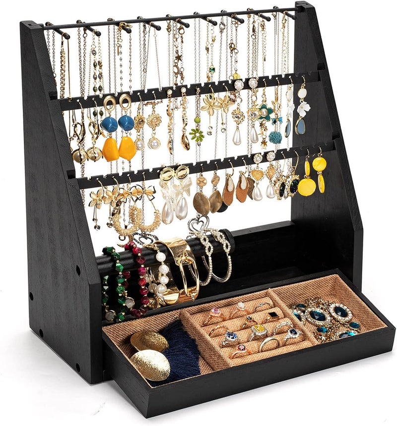DGWJSU Earring Organizer, 5 Layer Earring Holder Organizer with Necklace Holder, Rustic Wood Jewelry Organizer Stand Display for Stud Earring Bracelet Necklace Ring, Watches - Image 1