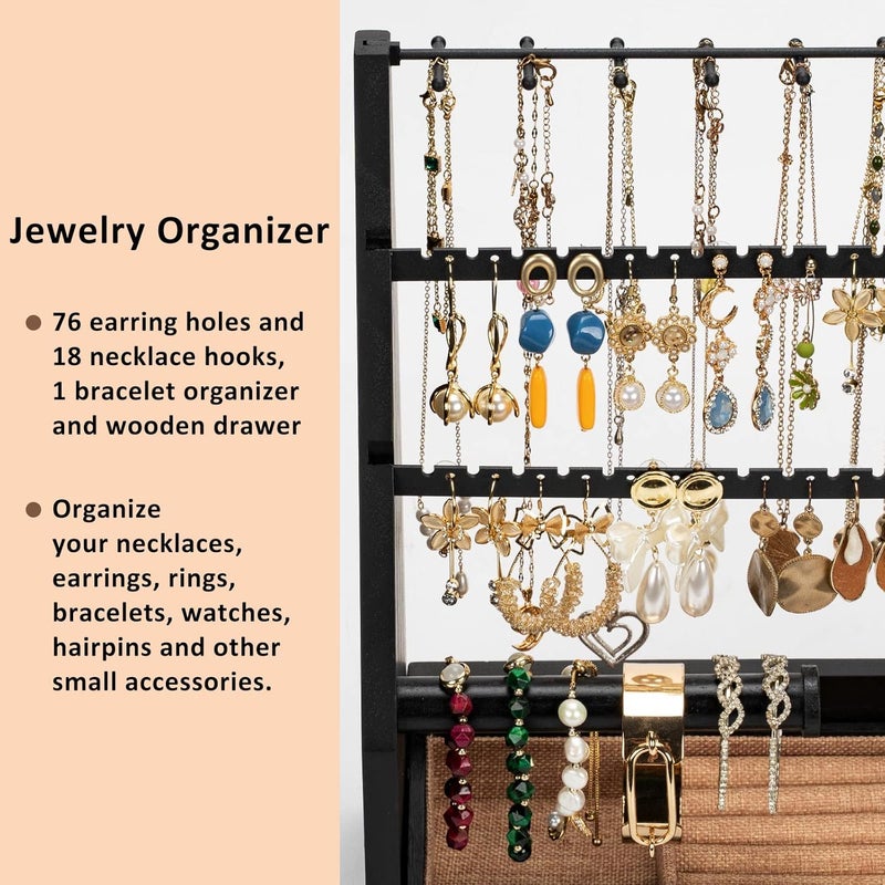 DGWJSU Earring Organizer, 5 Layer Earring Holder Organizer with Necklace Holder, Rustic Wood Jewelry Organizer Stand Display for Stud Earring Bracelet Necklace Ring, Watches - Image 4