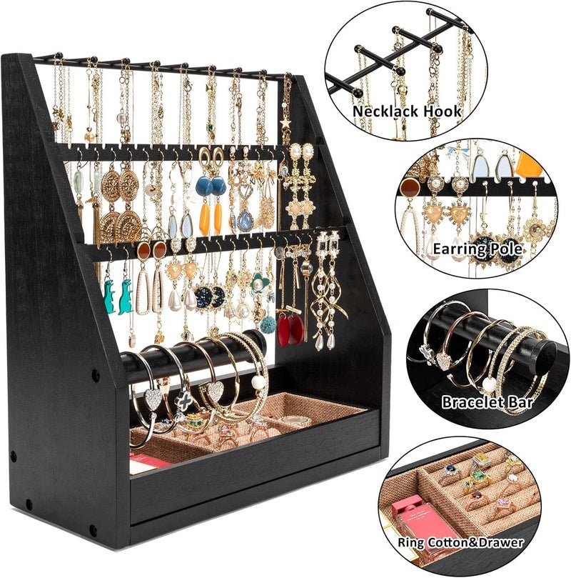 DGWJSU Earring Organizer, 5 Layer Earring Holder Organizer with Necklace Holder, Rustic Wood Jewelry Organizer Stand Display for Stud Earring Bracelet Necklace Ring, Watches - Image 5