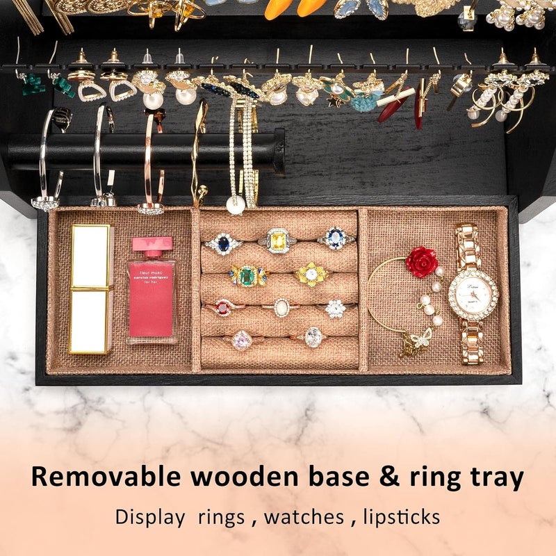 DGWJSU Earring Organizer, 5 Layer Earring Holder Organizer with Necklace Holder, Rustic Wood Jewelry Organizer Stand Display for Stud Earring Bracelet Necklace Ring, Watches - Image 3
