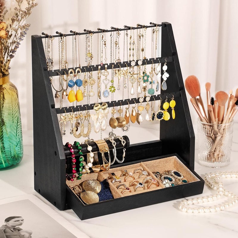 DGWJSU Earring Organizer, 5 Layer Earring Holder Organizer with Necklace Holder, Rustic Wood Jewelry Organizer Stand Display for Stud Earring Bracelet Necklace Ring, Watches - Image 2