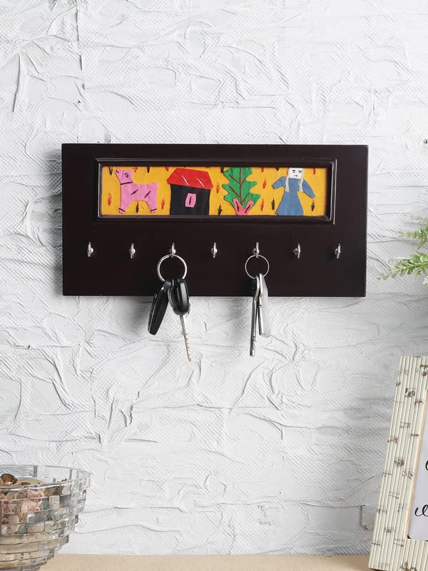 VarEesha VarEesha Yellow Patchwork HandMade Wall Mounting Wooden Key Holder Horizontal Key Chain Holders for Wall Key Hanger Wooden Key Hook Wall Decorative Wooden Hanging for Home 7 Hooks  - Image 1