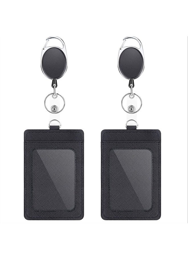 Kinmed 2 Piece Badge Holders and Heavy Duty Retractable Reel Clips Set, Vertical Leather ID Badge Holders with 1 Clear ID Window and2 Credit Card Slots (Black)  - Image 1