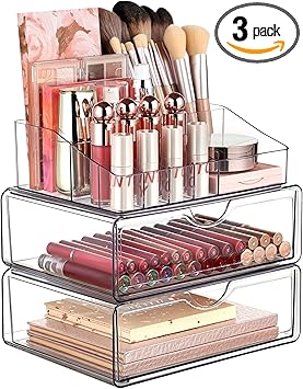 Vtopmart 3 Tier Clear Makeup Organizer with Drawer Cosmetic Storage for Dresser Countertop and Bathroom Vanity Beauty Holder for Lipstick Brush Skincare - Image 1