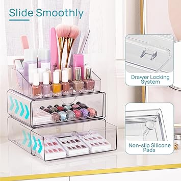 Vtopmart 3 Tier Clear Makeup Organizer with Drawer Cosmetic Storage for Dresser Countertop and Bathroom Vanity Beauty Holder for Lipstick Brush Skincare - Image 4