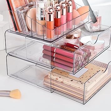 Vtopmart 3 Tier Clear Makeup Organizer with Drawer Cosmetic Storage for Dresser Countertop and Bathroom Vanity Beauty Holder for Lipstick Brush Skincare - Image 2