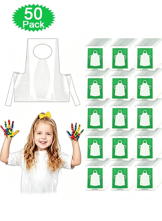 GD 50 Pcs Kids Disposable Plastic Aprons Waterproof Children Painting Aprons - Individually Wrapped Single Use Aprons for Preschool Art Class, DIY Painting, Baking Party (Clear) - Image 1