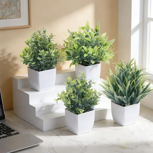 CEWOR Fake Plants 4 Packs Small Artificial Greenery Mini White Potted Plants Bathroom Accessories Decorations for Desk Bathroom Office Home Room Kitchen Table Indoor - Image 3