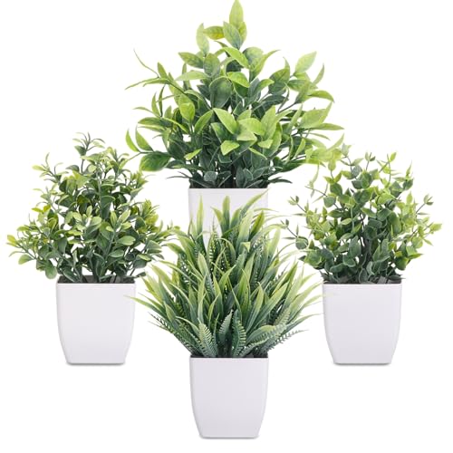 CEWOR Fake Plants 4 Packs Small Artificial Greenery Mini White Potted Plants Bathroom Accessories Decorations for Desk Bathroom Office Home Room Kitchen Table Indoor - Image 1