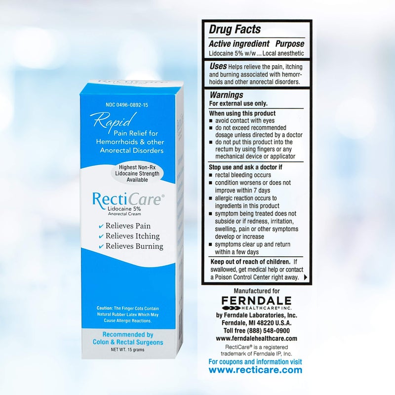 Recticare Anorectal Lidocaine 5% Cream: Treatment for Hemorrhoids & Other Anorectal Disorders - 15g Tube - Image 2