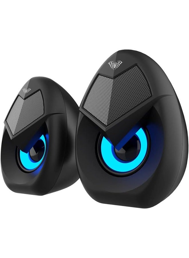 AULA AULA N69 Computer Speakers, USB 2.0 Powered PC Speakers with RGB LED Lights, Stereo Surround Sound, 3.5mm AUX-in Wired Desktop Speaker for PC, Laptop, Tablet, Cellphone - Black  - Image 1