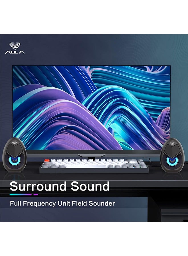 AULA AULA N69 Computer Speakers, USB 2.0 Powered PC Speakers with RGB LED Lights, Stereo Surround Sound, 3.5mm AUX-in Wired Desktop Speaker for PC, Laptop, Tablet, Cellphone - Black  - Image 2