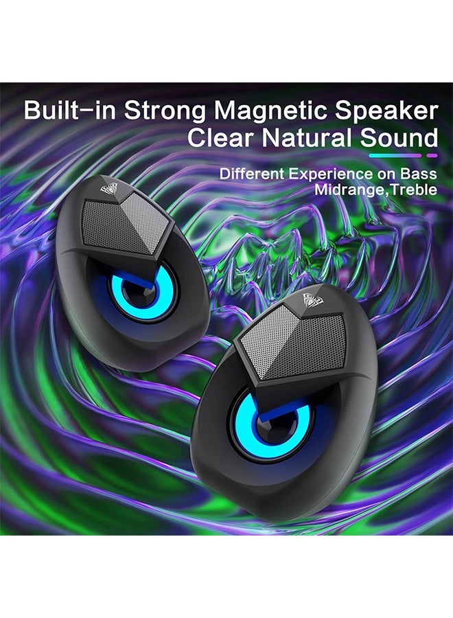 AULA AULA N69 Computer Speakers, USB 2.0 Powered PC Speakers with RGB LED Lights, Stereo Surround Sound, 3.5mm AUX-in Wired Desktop Speaker for PC, Laptop, Tablet, Cellphone - Black  - Image 3