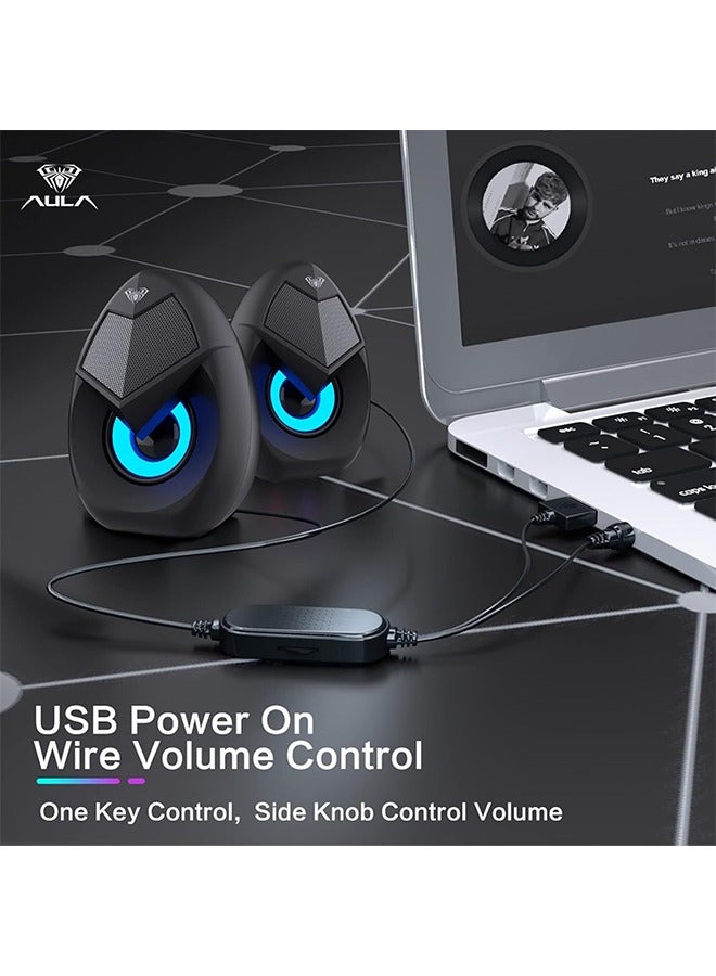 AULA AULA N69 Computer Speakers, USB 2.0 Powered PC Speakers with RGB LED Lights, Stereo Surround Sound, 3.5mm AUX-in Wired Desktop Speaker for PC, Laptop, Tablet, Cellphone - Black  - Image 4