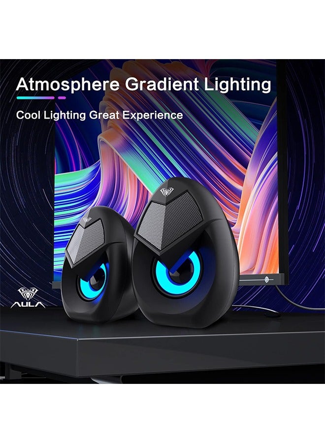 AULA AULA N69 Computer Speakers, USB 2.0 Powered PC Speakers with RGB LED Lights, Stereo Surround Sound, 3.5mm AUX-in Wired Desktop Speaker for PC, Laptop, Tablet, Cellphone - Black  - Image 5
